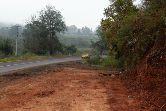 carretera de bosque lodo y camioneta amarilla