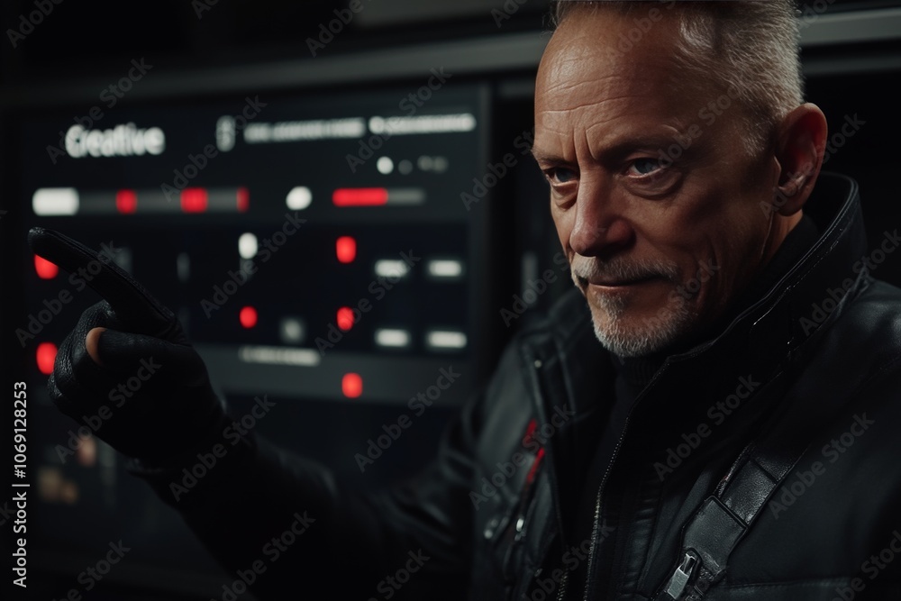 Aufkleber serious elderly man in control room operating high tech ai display illustrating leadership artificia