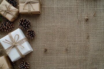 Banni&egrave;re rustique avec cadeaux en papier kraft et blanc, ficelle, pommes de pin et fond en toile de jute, espace texte..