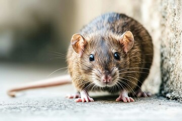 Closeup stray rat in city street. Space for copy