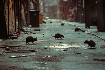 Stray rats walking through dirty city street