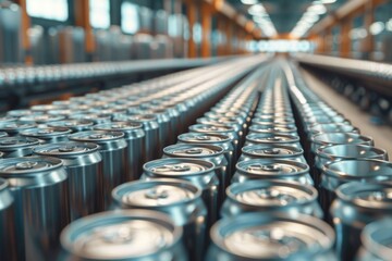 Conveyor line carrying thousands aluminum beverage cans at factory. Concept of industrial growth