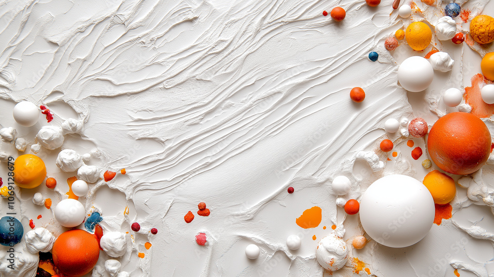 Aufkleber textured white background with colorful spheres and abstract shapes creating playful atmosphere