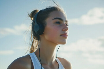 Caucasian sports woman listening to music on headphones outdoors,full body,film style