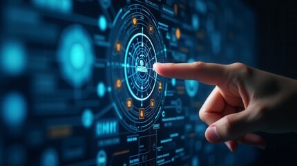 Technology Abstract Background with Hand Touching Circular Virtual Diagram Innovation and Network Concept