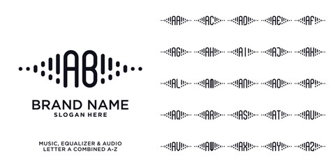 Set of music, equalizer, and audio logo design initial a combined with letter a to z and black color
