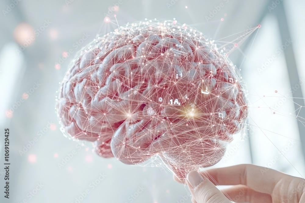 Poster close up of a realistic human brain with luminous nodes illustrating cognitive science neural connec