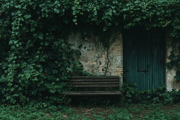 Tranquil Garden Scene with Ivy Covered Wall and Wooden Bench