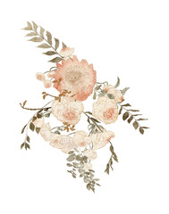Watercolour botanical flower bouquet. Transparent background. Beige, hand-painted isolated. Suitable for the decorative design of covers, fabric, invitations, weddings, or greeting cards.