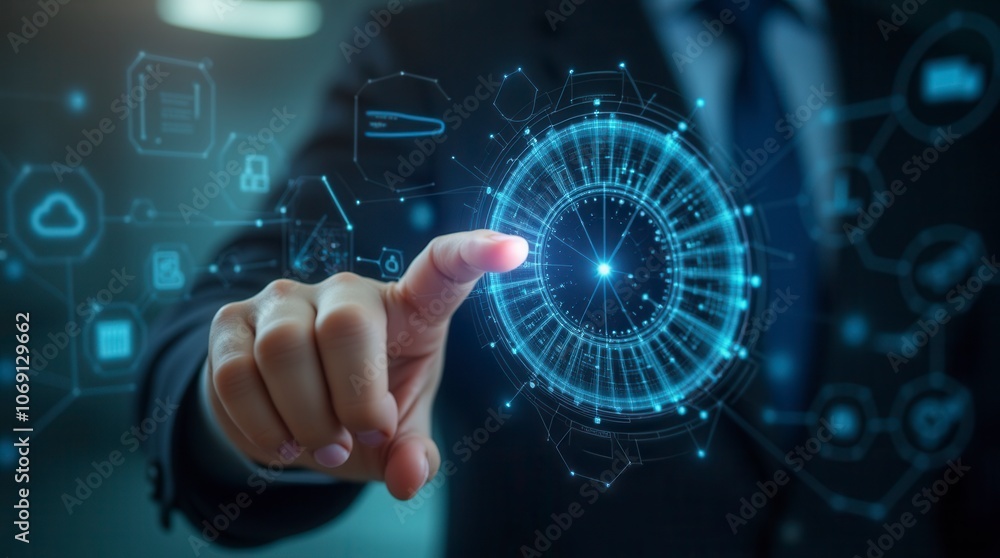 Poster technology abstract background with hand touching circular virtual diagram innovation and network co