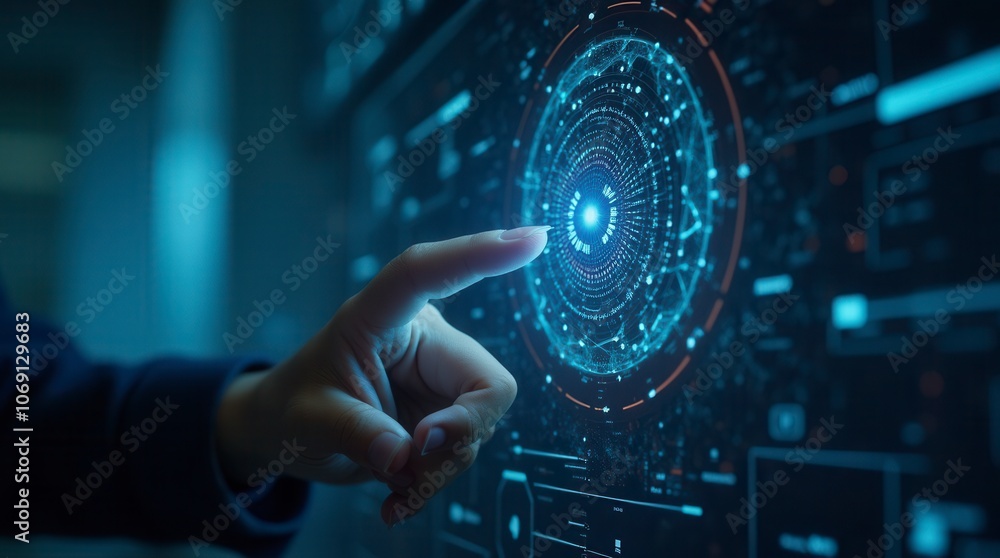 Poster technology abstract background with hand touching circular virtual diagram innovation and network co