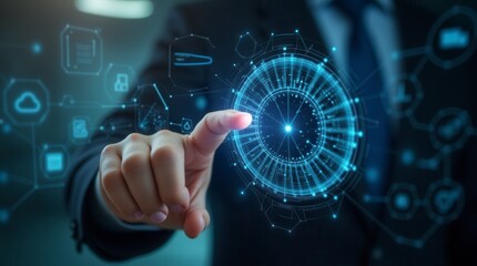 Fototapeta premium Technology Abstract Background with Hand Touching Circular Virtual Diagram Innovation and Network Concept