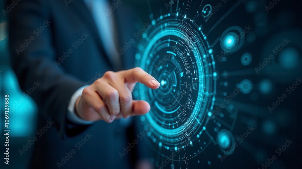 Poster technology abstract background with hand touching circular virtual diagram innovation and network co