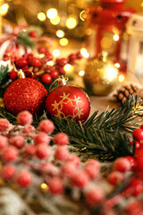 Festive Christmas balls and decorations capturing holiday spirit, vibrant colors, and winter holiday ambiance. Perfect for Christmas themes, seasonal celebrations, holiday decor, New Year’s Eve.