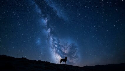 Fototapeta premium wolf silhouette on the top of a hill against twilight sky with stars