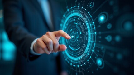 Technology Abstract Background with Hand Touching Circular Virtual Diagram Innovation and Network Concept
