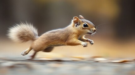 Fototapeta premium A small, brown squirrel with a bushy tail leaps through the air. It is mid-jump, with its front paws extended and its hind legs curled under its body. The background is a blurred autumn scene.