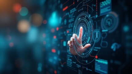 Fototapeta premium Technology Abstract Background with Hand Touching Circular Virtual Diagram Innovation and Network Concept