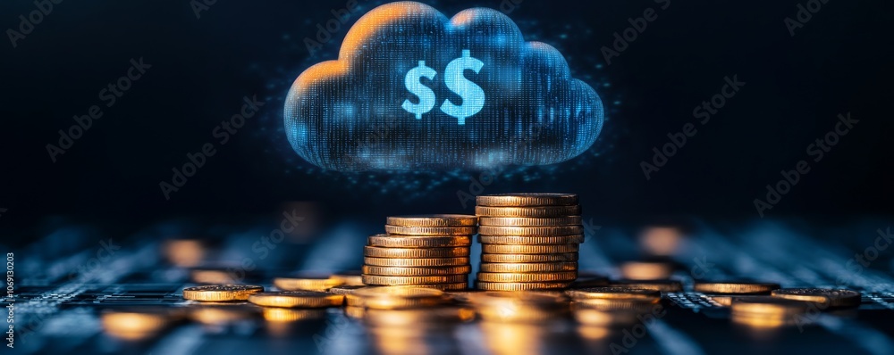 Poster stack of coins with digital cloud displaying dollar signs, financial technology concept