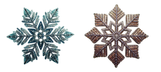 Set of sequins snowflakes. Sparkly holiday decoration.