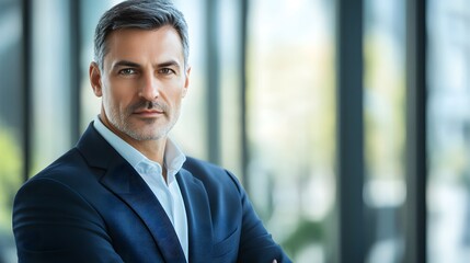 A professional business headshot of a confident man in a suit, with a blurred office background. The image exudes professionalism and confidence, perfect for corporate profiles.