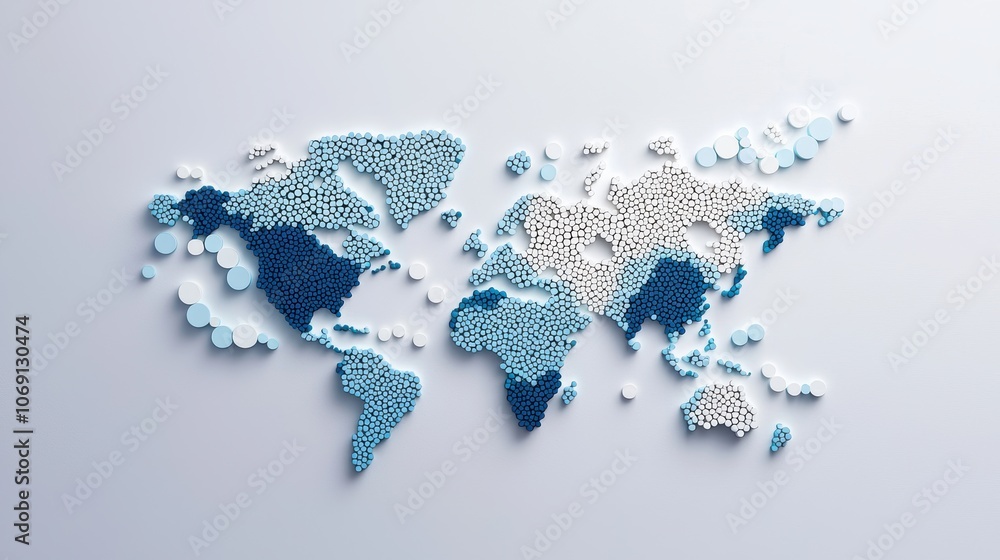 Poster a world map made entirely of dots, with varying densities representing population distribution or ot