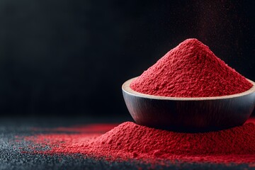 Red Dust on Black Background in Wooden Bowl