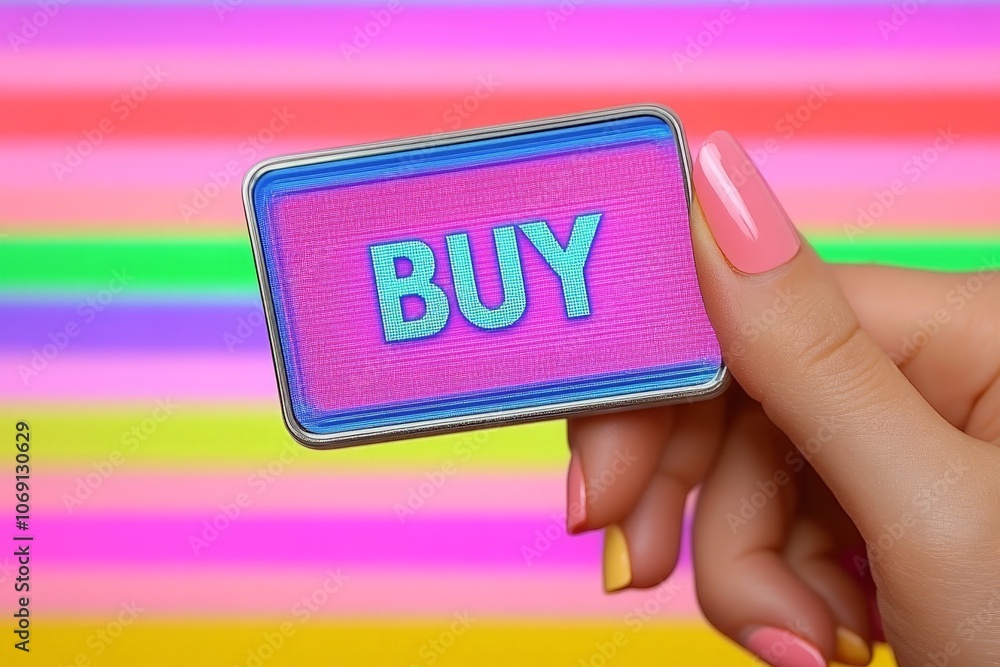 Aufkleber outstretched hand reaching for buy button next to shoes in a store display illustrating modern retai