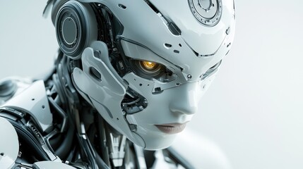 Fototapeta premium A futuristic, sleek robot head with intricate mechanical details and a glowing eye, This image can be used for articles on technology, AI, robotics, and science fiction themes,