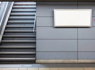 Simple subway ad space, dove gray wall, steel stairway, clean design.