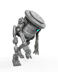 coolest robot is in bend over pose and also looking offline in white background side view