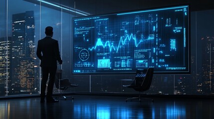 Businessman Analyzing Data on Large Screen in Modern Office