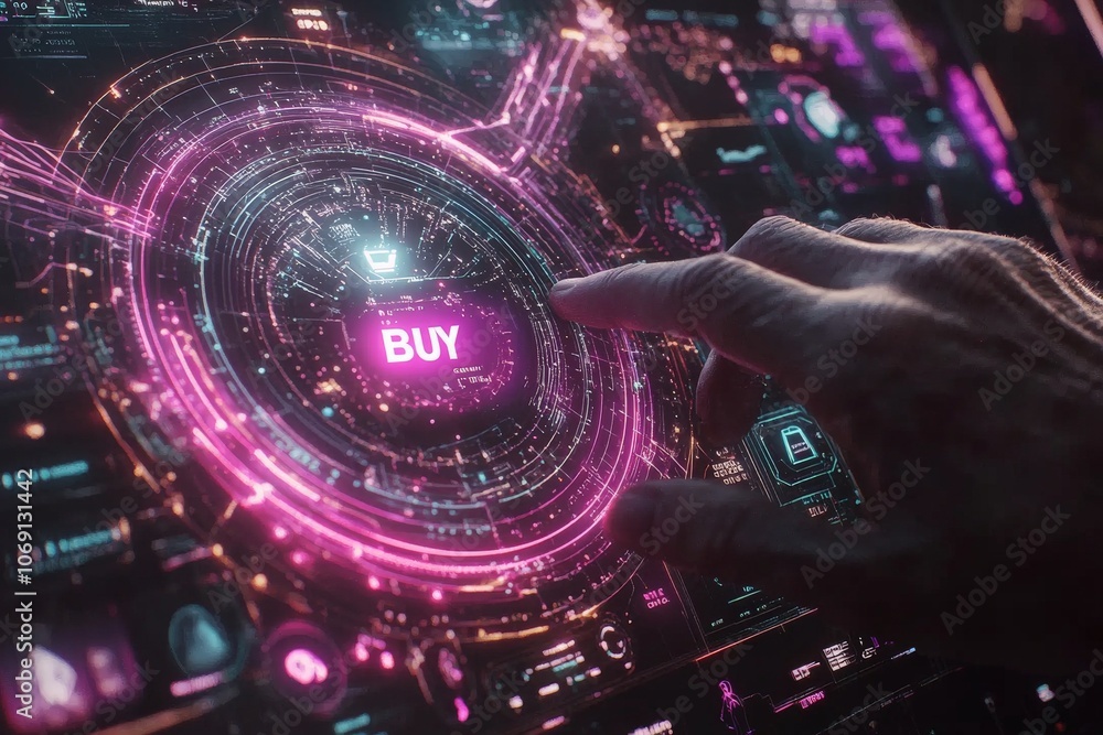 Poster close up of red buy button in tech environment illustrating e commerce purchasing digital consumer i