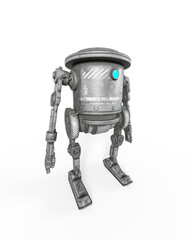 coolest robot is standing up in white background on side view