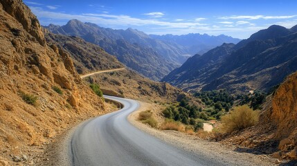 Fototapeta premium A winding asphalt road leads through a valley in a mountainous region 