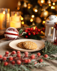 Festive Christmas cookies surrounded by holiday decorations, evoking a warm holiday vibe. Perfect for themes of Christmas, festive food, holiday season, celebration, and cozy winter ambiance.