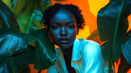 Elegant and Creative Portrait of a Woman Posing Among Tropical Foliage with Vibrant Contrasting Lighting