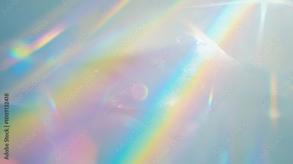 Wall mural dreamy holographic rainbow light refraction texture overlay with abstract soft bokeh effect on a whi