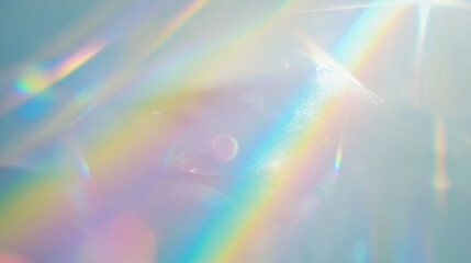 Holographic rainbow light refraction effect with soft bokeh and prismatic glow on pastel background with copy space