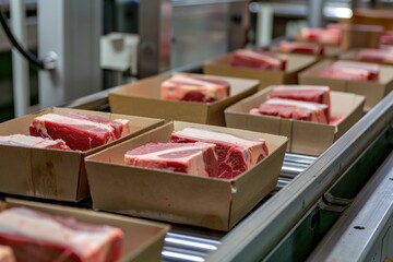 Obraz premium Packing of meat slices in boxes on a conveyor belt