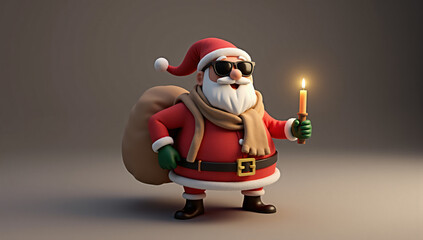 Santa in sunglasses holds a glowing candle, wrapped in a warm scarf, with a large sack on his back. A cozy, magical Christmas night scene full of mystery and tradition.