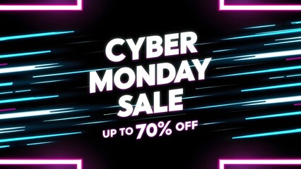 Cyber Monday Banner with Teal and Purple Neon Streaks and Bold Sale Text