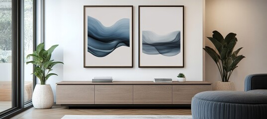 Minimalist Living Room Interior Design with Blue Abstract Art Prints and Indoor Plants.
