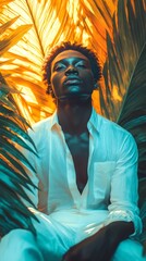 Bold Fashion Portrait of a Stylish Man in White Attire Surrounded by Tropical Foliage with Striking Orange and Blue Lighting Effects