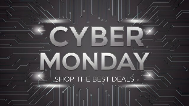 Futuristic Silver Text Cyber Monday Banner with Circuit Board Design