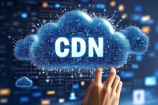 Hand pointing to a virtual cloud labeled "CDN" representing content delivery network data distribution and web acceleration in a secure digital ecosystem
