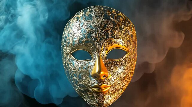 A mysterious golden Venetian mask appears amidst curling blue smoke, suggesting themes of secrecy and revelation. This captivating scene evokes intrigue and dramatic flair, perfect for theatrical or