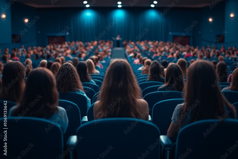 Poster large audience in theater observing a digital presentation symbolizing collaborative learning digita