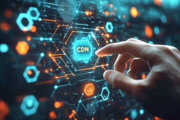 Complex digital network with hexagonal nodes representing data connections information flow and advanced networking technology in a futuristic tech environment