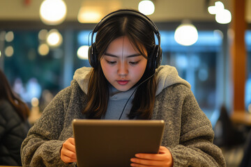 Female student studying with a tablet and headphones in modern cafe setting,film style.
